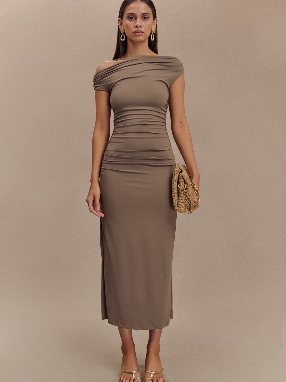 Meshki Taupe Cowl Neck Ruched Maxi Dress